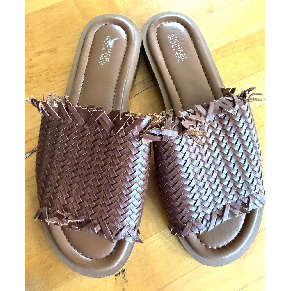 Michael Kors Dee Woven Leather Brown Slide Sandals Size 8